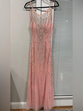 Pink/ coral  Peach Beaded Tulle Prom Gown